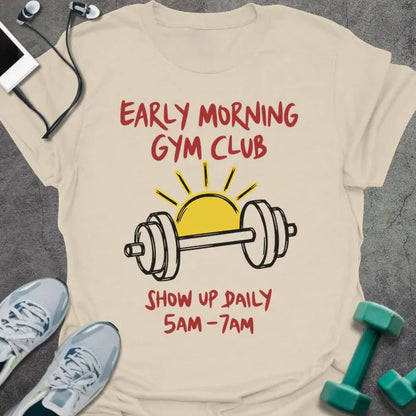 Cream t-shirt printed with "Early Morning Gym Club Show Up Daily 5AM-7AM" in red, yellow, and black, with a yellow sun and black dumbbell illustration