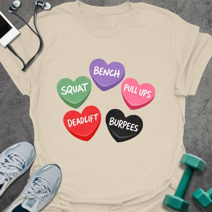 Cream t-shirt printed with "Bench Squat Pull Ups Deadlift Burpees" in purple, green, pink, red, black, with five candy hearts in purple, green, pink, red, and black