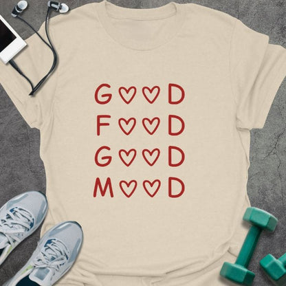 Cream t-shirt printed with "Good Food Good Mood" in red