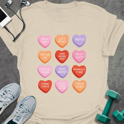 Cream t-shirt printed with "Spot Me Lift Heavy Rep it HIIT Me Up One More Rep Rest Day? Leg Day Again Gym Buddy Workout Time Form Check Just Five More Train Hard" in pink, red, orange, purple, with a 4x3 grid of colorful candy hearts