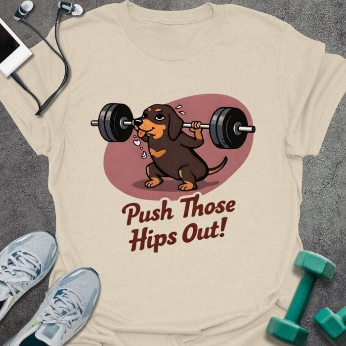 Cream t-shirt printed with "Push Those Hips Out!" in tan, brown, with a dachshund lifting a barbell