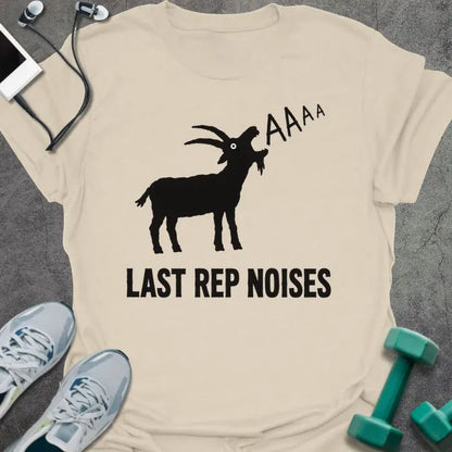 Natural t-shirt printed with "LAST REP NOISES" in black lettering with "AAAA" graphic text, with a goat screaming
