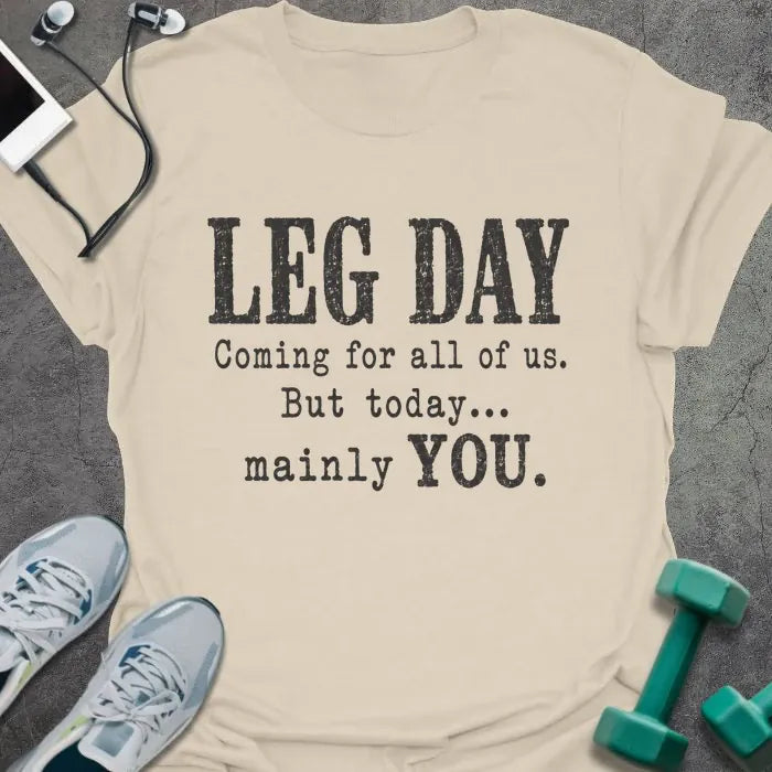 Natural T-shirt printed with "LEG DAY Coming for all of us. But today... mainly YOU." in brown