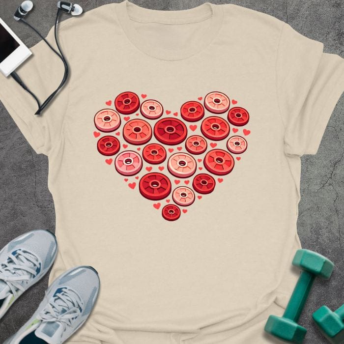 Cream t-shirt with weight plates arranged in a heart shape in red, tan, pink, white