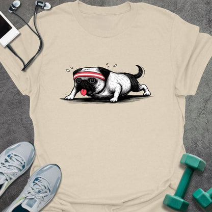 Cream t-shirt with pug doing planks