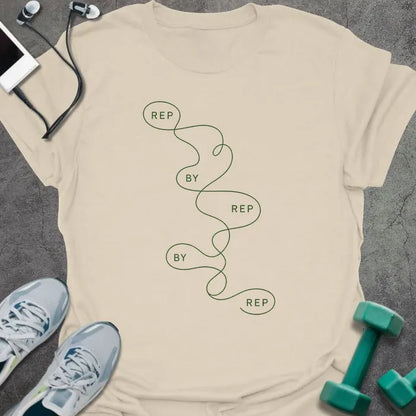 Natural t-shirt printed with "REP BY REP BY REP" in green line art, with squiggle graphic