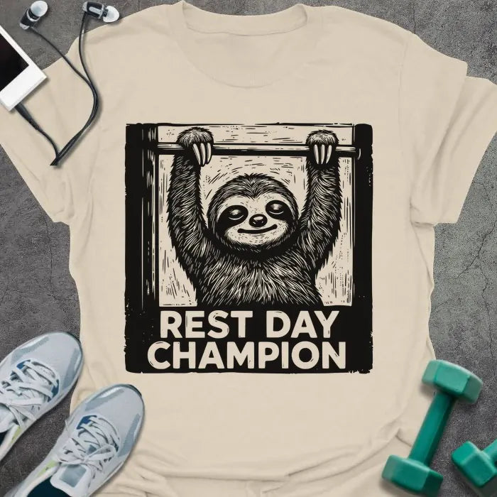 Cream t-shirt printed with "Rest Day Champion" in black and white, with sloth graphic in frame