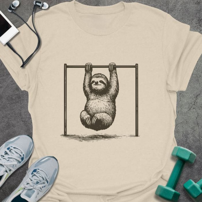 Cream t-shirt with sloth hanging from bar
