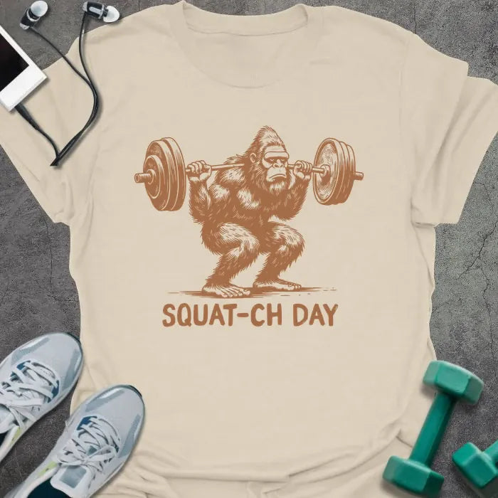 Cream t-shirt with an illustration of a sasquatch lifting barbell in rust
