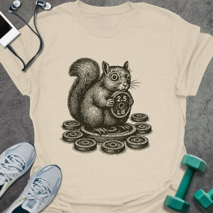Cream t-shirt with squirrel holding dumbbells surrounded by weights