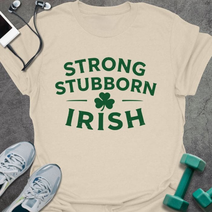 Cream t-shirt printed with "Strong Stubborn Irish" in green, with clover
