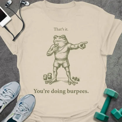 Cream t-shirt printed with "That's it. You're doing burpees." in tan, with an illustration of a frog character in sportswear pointing