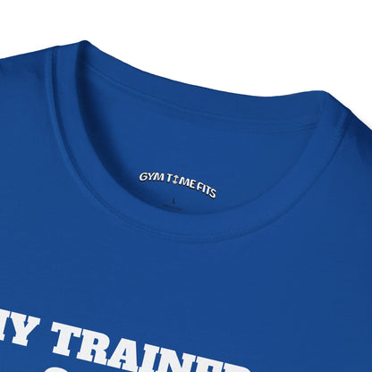 Close-up of the royal blue t-shirt collar with the Gym Time Fits neck label