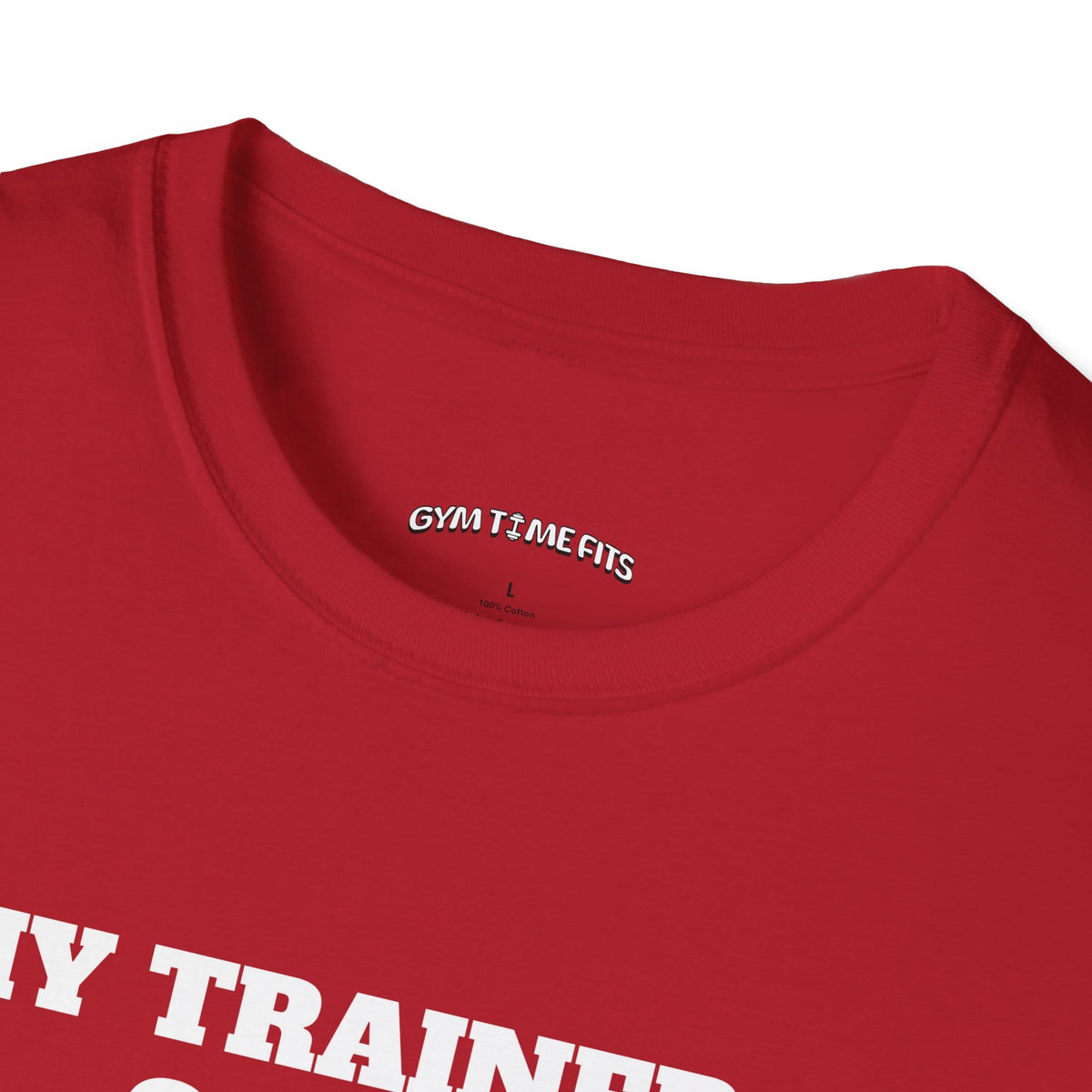 Close-up of the cherry red t-shirt collar with the Gym Time Fits neck label