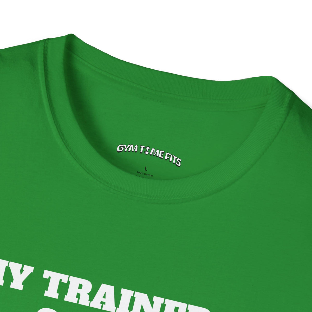 Close-up of the Irish green t-shirt collar with the Gym Time Fits neck label
