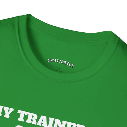 Close-up of the Irish green t-shirt collar with the Gym Time Fits neck label