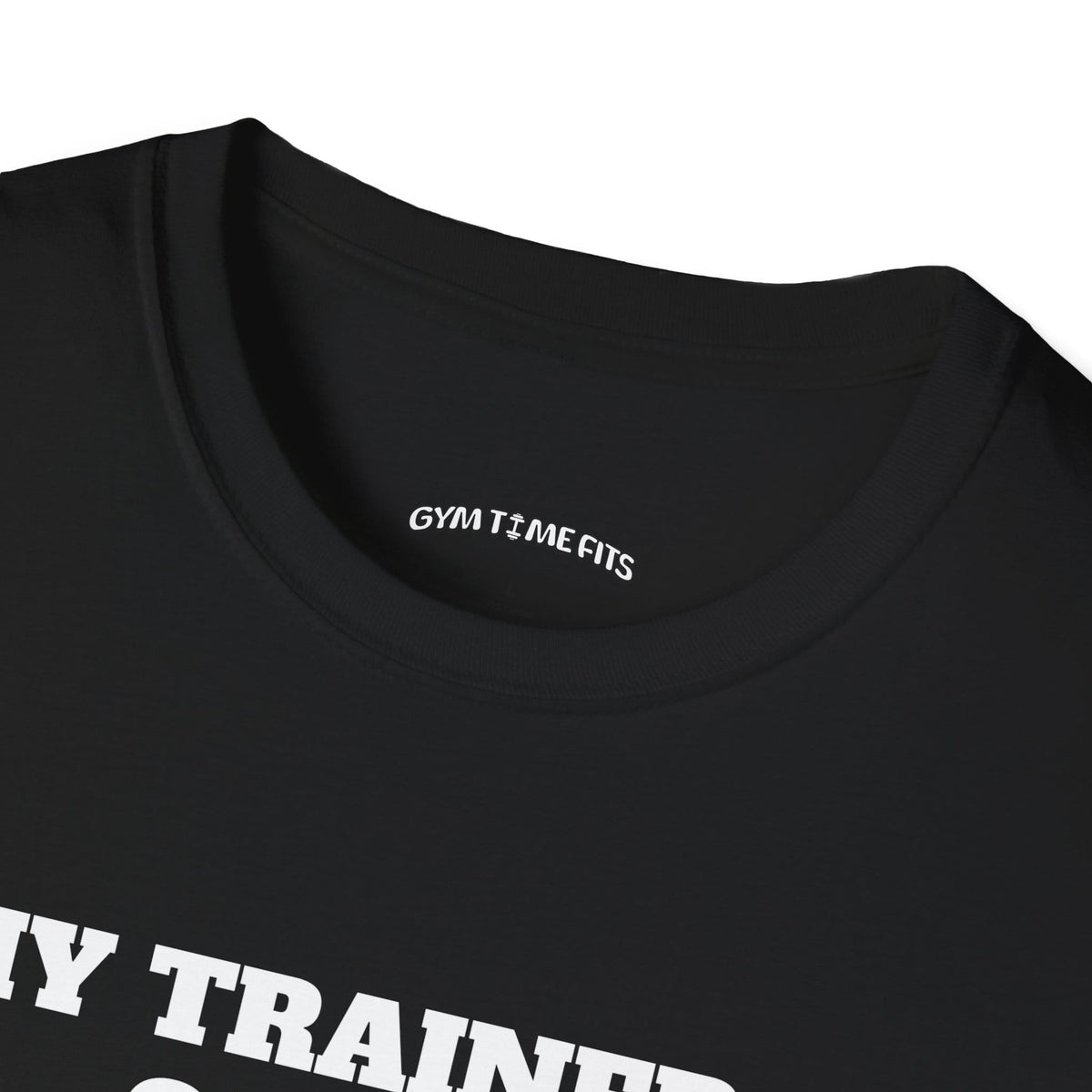 Close-up of the black t-shirt collar with the Gym Time Fits neck label