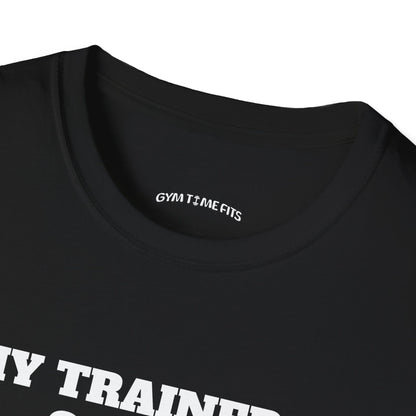 Close-up of the black t-shirt collar with the Gym Time Fits neck label