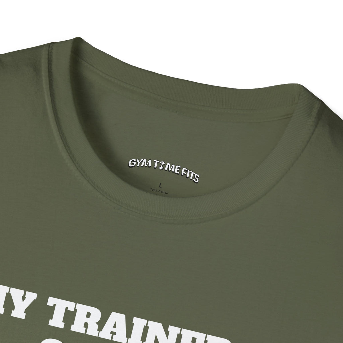 Close-up of the military green t-shirt collar with the Gym Time Fits neck label