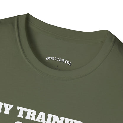 Close-up of the military green t-shirt collar with the Gym Time Fits neck label