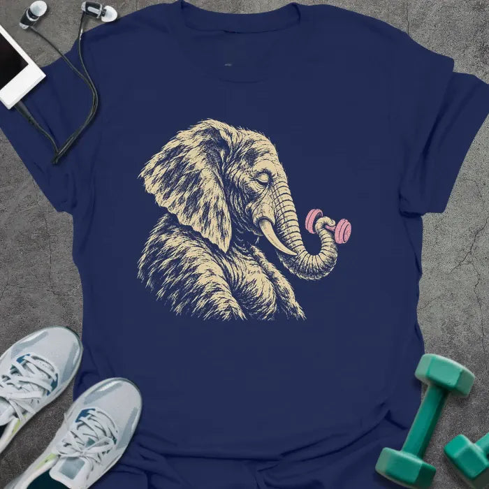 Navy t-shirt printed with a sketched elephant curling a pink dumbbell with its trunk