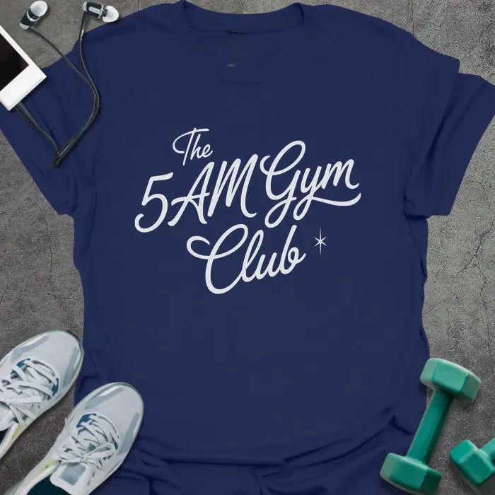 Navy t-shirt printed with "The 5AM Gym Club" in white