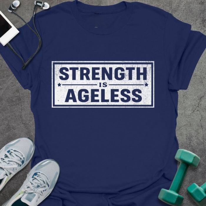 Navy t-shirt printed with "Strength is Ageless" in blue, with a rectangular badge design