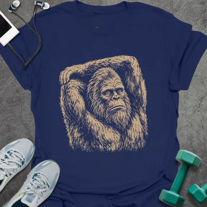 Navy t-shirt with an illustration of Bigfoot stretching with one arm over its head in white