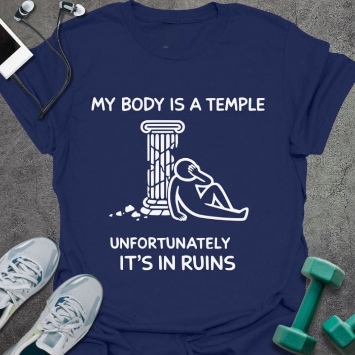 Navy t-shirt printed with "My Body is a Temple Unfortunately It's in Ruins", with classical column illustration