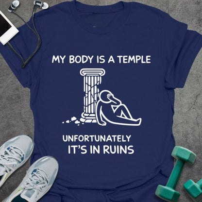 Navy t-shirt printed with "My Body is a Temple Unfortunately It's in Ruins", with classical column illustration