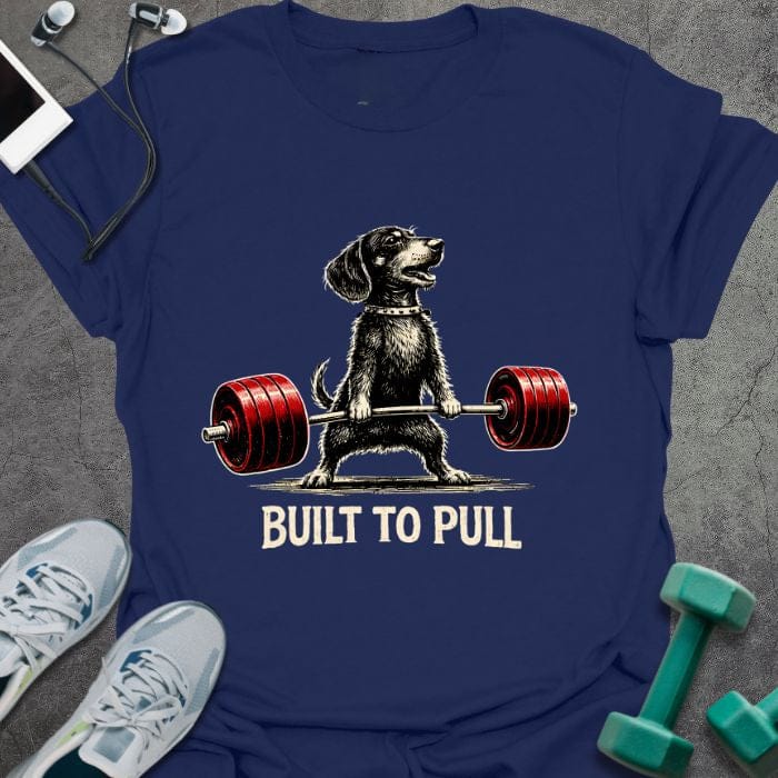 Navy t-shirt printed with "Built to Pull" in white, red, with a dog lifting a barbell