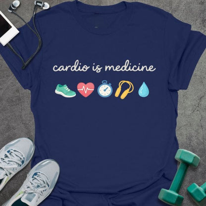 Navy t-shirt printed with "cardio is medicine" in green, red, blue, yellow, with emoji icons: shoe, heart, timer, headphones, water droplet