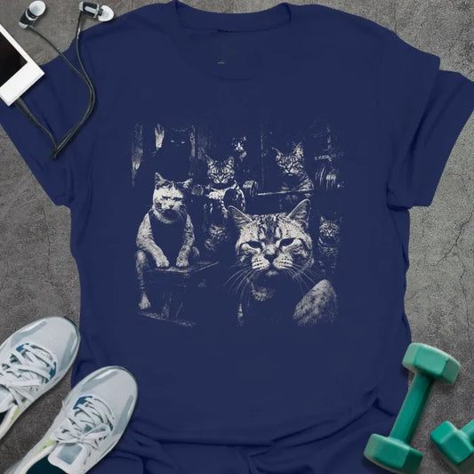Navy t-shirt with a group of cats in white