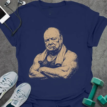 Navy t-shirt with a portrait of Winston Churchill flexing with crossed arms in white