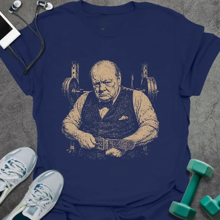 Navy t-shirt with a portrait of Winston Churchill in a tank top in white