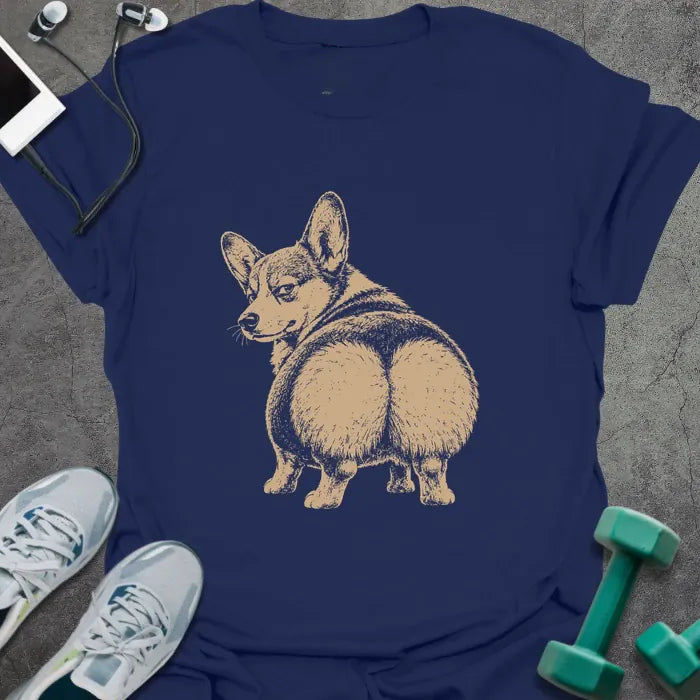 Navy t-shirt with an illustration of a Corgi flexing from behind in white