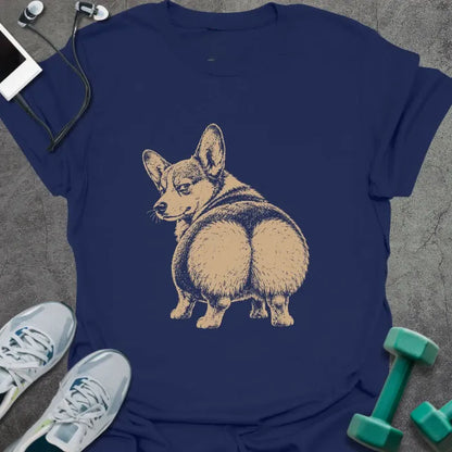 Navy t-shirt with an illustration of a Corgi flexing from behind in white