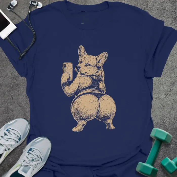 Navy t-shirt with an illustration of a Corgi taking a selfie in white