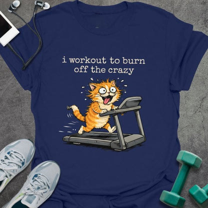Navy t-shirt printed with "i workout to burn off the crazy" in white and orange, with an illustration of a crazy orange cat on a treadmill