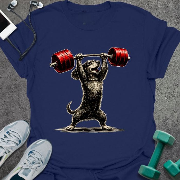 Navy t-shirt with an illustrated dachshund overhead pressing a red barbell in red