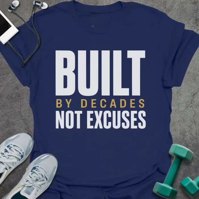 Navy t-shirt printed with "Built By Decades Not Excuses" in white and gold