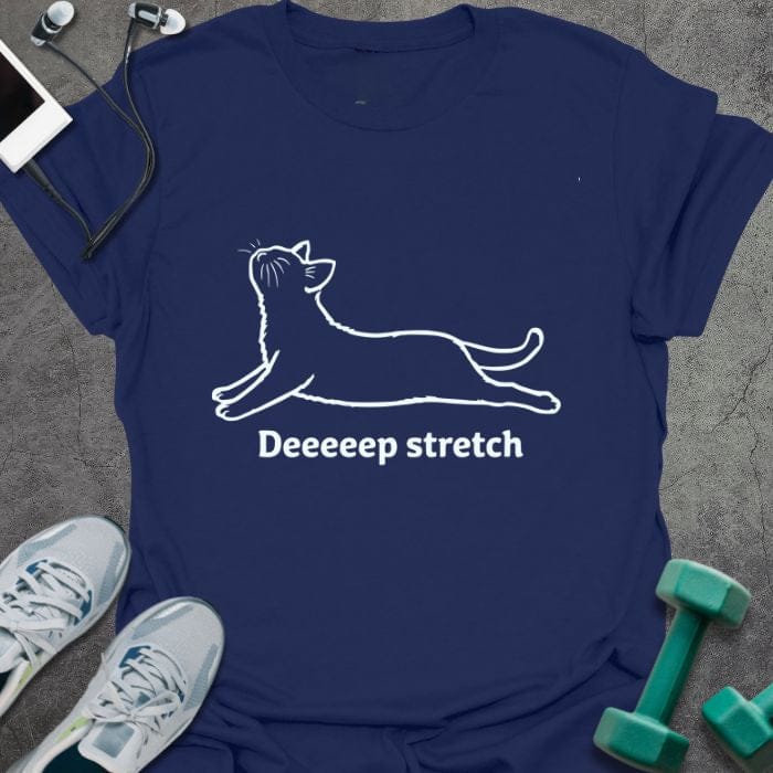 Navy t-shirt printed with "Deeeep stretch" in white, with an illustration of a cat stretching