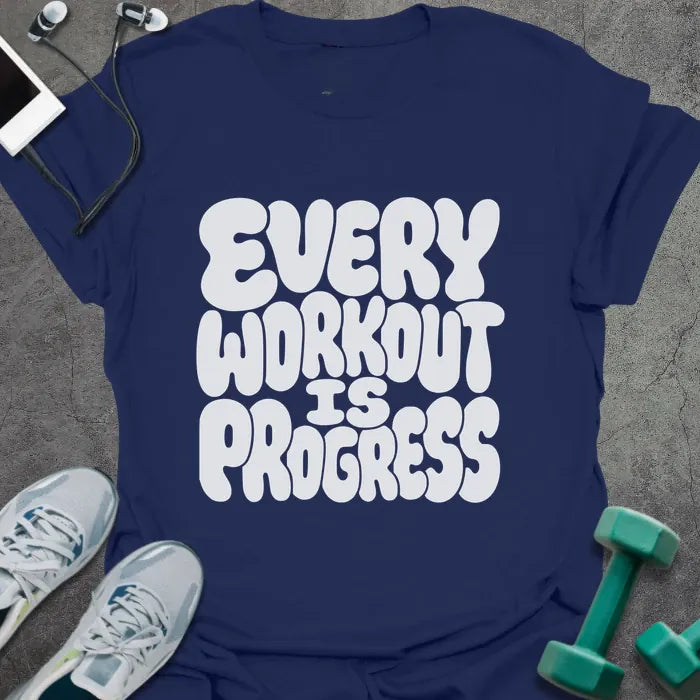 Navy t-shirt printed with "Every Workout is Progress" in white