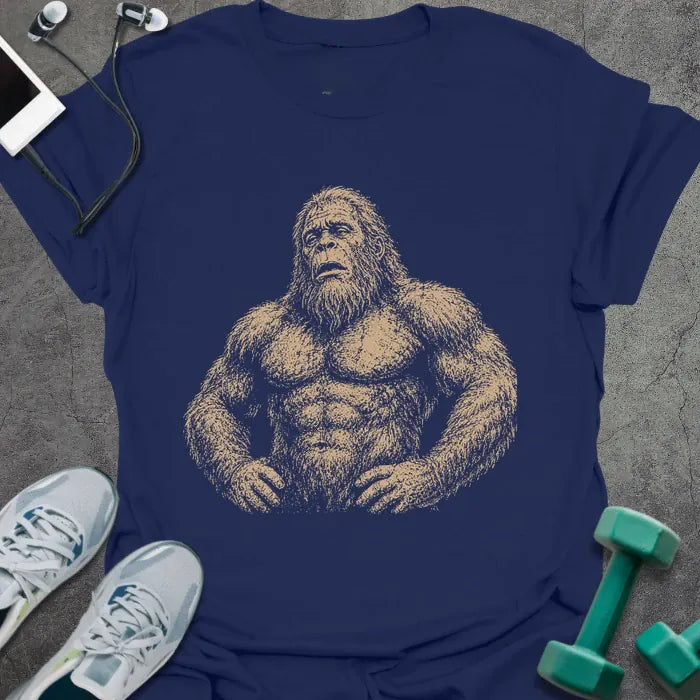 Navy t-shirt with an illustration of Bigfoot looking exhausted in white