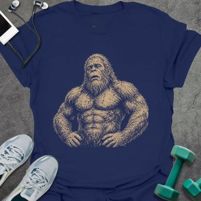 Navy t-shirt with an illustration of Bigfoot looking exhausted in white