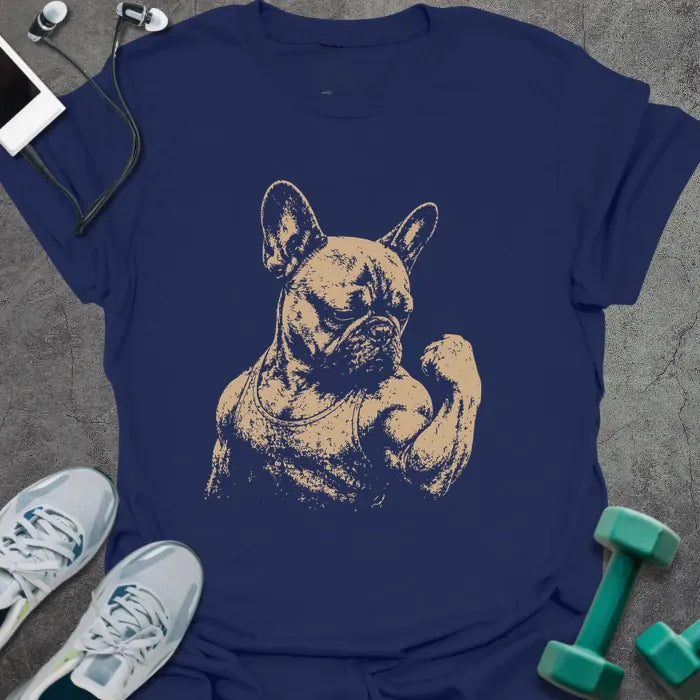 Navy t-shirt with an illustration of a French Bulldog flexing in white