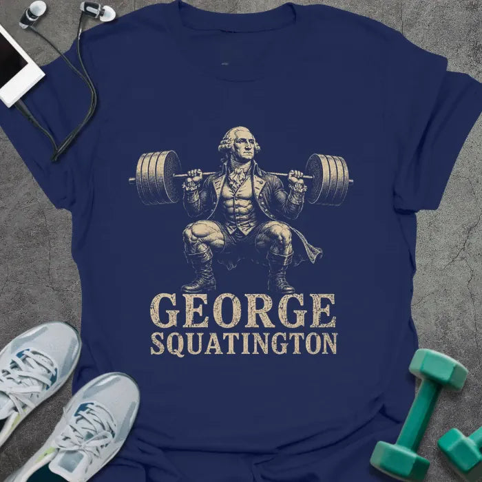 Navy t-shirt printed with "George Squatington" in white and gold, with a historical figure squatting with barbell graphic