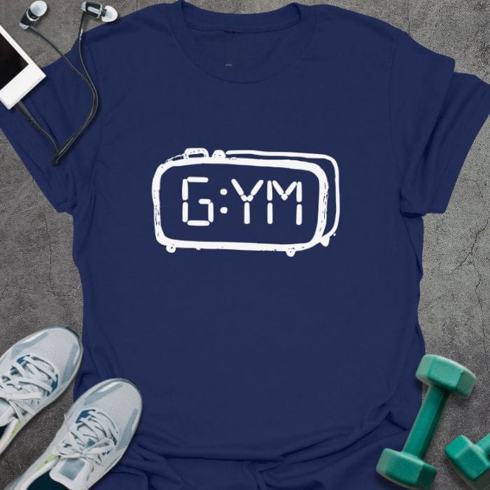 Navy t-shirt printed with "G:ym", with a digital alarm clock outline around the text