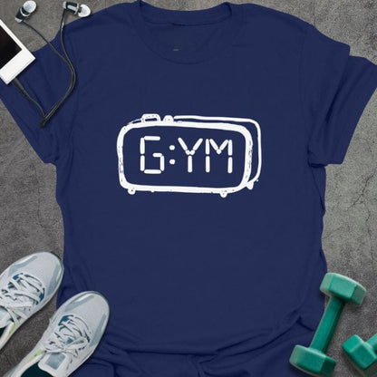 Navy t-shirt printed with "G:ym", with a digital alarm clock outline around the text
