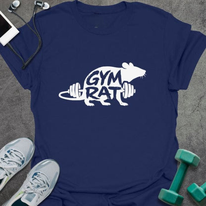 Navy t-shirt printed with "Gym Rat" in white, yellow, with a rat lifting a barbell